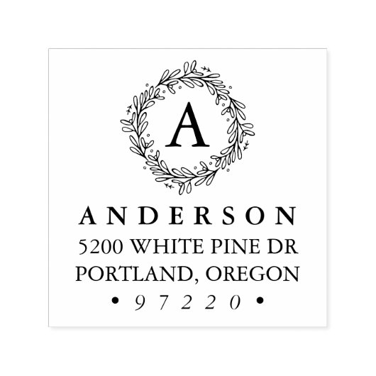 Tampon Auto-encreur Hiver Botanique Wreath Monogramme Adresse de retou (Design)