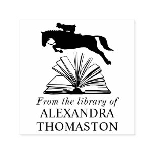 Tampon Auto-encreur Horse Rider Jumping Sur Open Book SQ Library Nom