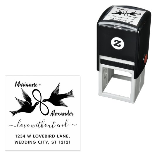 Tampon Auto-encreur Infini Lovebirds mariage | Adresse de retour perso (En situation)