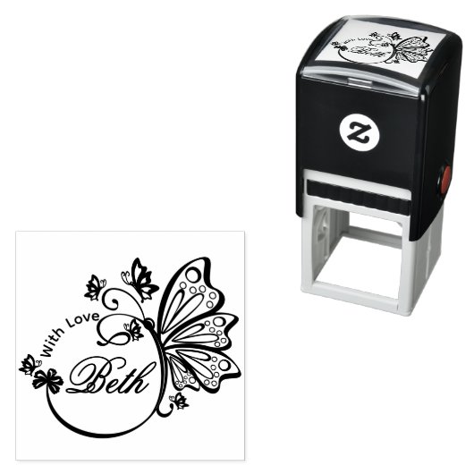 Tampon Auto-encreur Joli cadre papillon "With Love", Nom 4 Lettre (En situation)