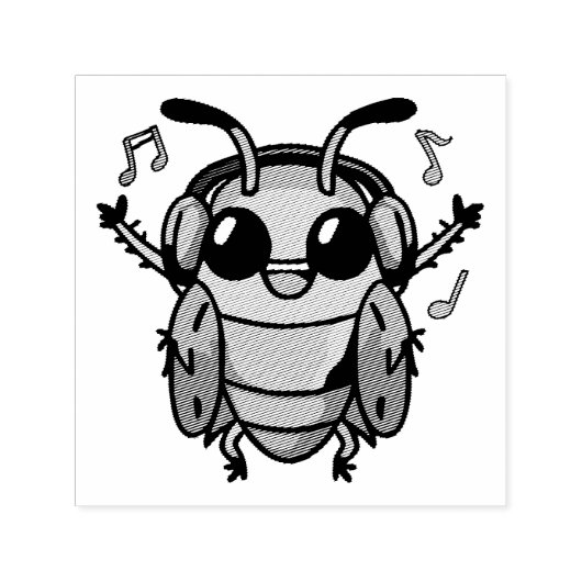 Tampon Auto-encreur Joyeux cafard avec écouteurs écoutant de la musiqu (Design)