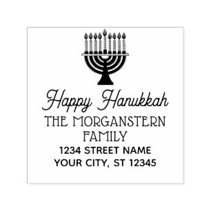 Tampon Auto-encreur Joyeux Hanukkah Chanukah Menorah Allumée Nom Adres