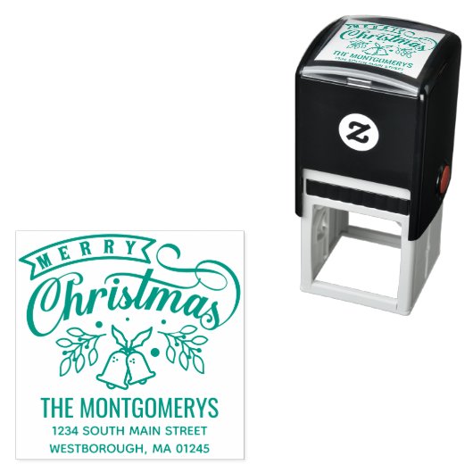 Tampon Auto-encreur Joyeux Noël Cloches Monogramme Nom Adresse de reto (En situation)