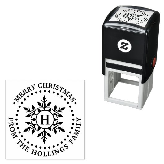 Tampon Auto-encreur Joyeux Noël Salutation Snowflake Nom initial (En situation)