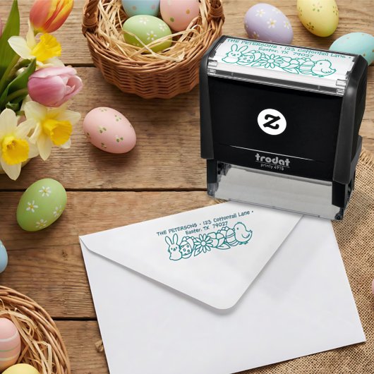 Tampon Auto-encreur Lapin de Pâques Poussin Œuf Fleurs de Printemps