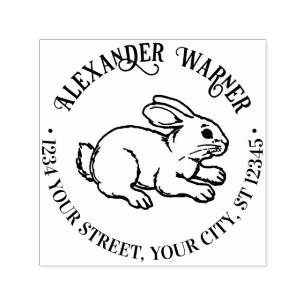 Tampon Auto-encreur Lapin mignon dessin au trait nom adresse de retour