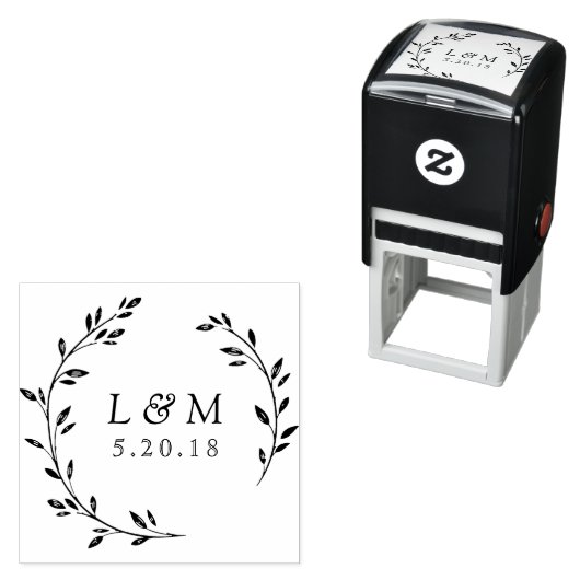 Tampon Auto-encreur Laurel Wreath Monogramme Mariage Enregistrer la da (En situation)