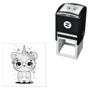 Tampon Auto-encreur Licorne ourson kawaii personnalisé Lunettes Fleur