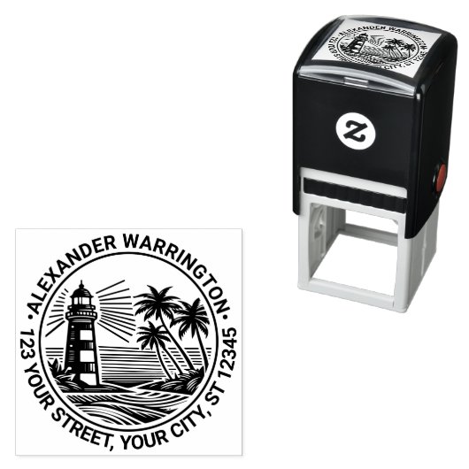 Tampon Auto-encreur Lighthouse Beach Palm Trees Nom Ret Adresse (En situation)