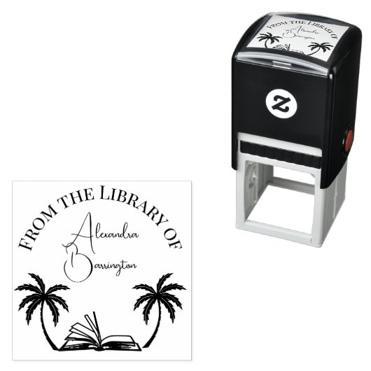 Tampon Auto-encreur Livre et palmiers #1 Nom du script de bibliothèque (En situation)