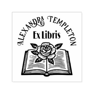 Tampon Auto-encreur Livre ouvert avec rose #2PS avec nom Ex Libris