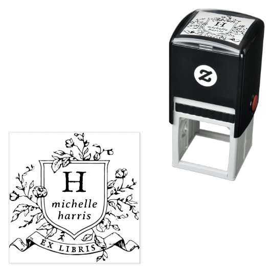 Tampon Auto-encreur Livre personnalisé avec monogramme ancien blason E (En situation)