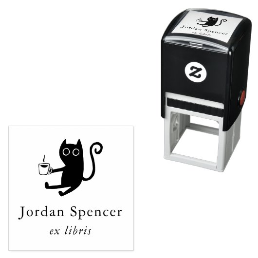 Tampon Auto-encreur Livre personnalisé Ex Libris Chat & Café (En situation)