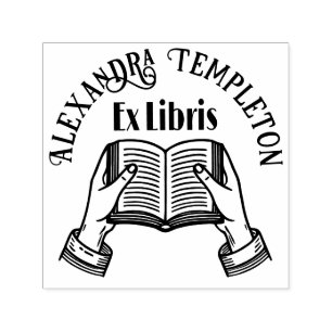 Tampon Auto-encreur Mains tenant un livre ouvert #1PS Ex Libris Nom du