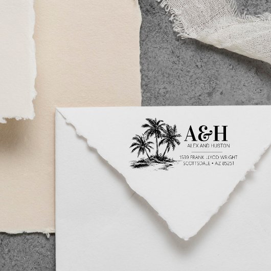 Tampon Auto-encreur Mariage de plage Monogramme élégant Palm Tree simp