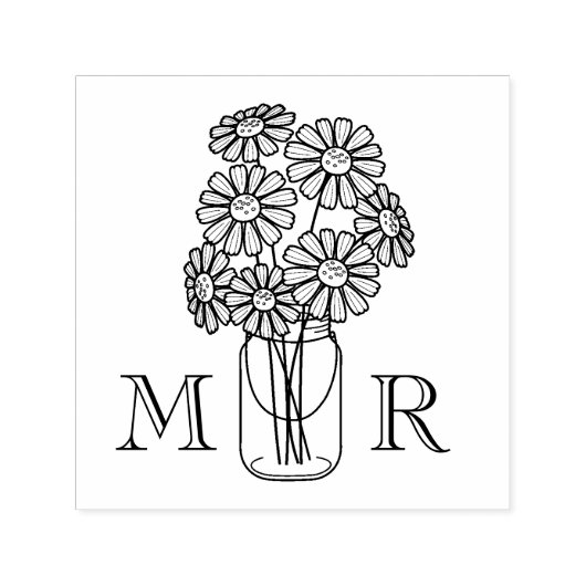 Tampon Auto-encreur Mason Jar Daisy Fleurs Mariage Monogrammes Initial (Design)