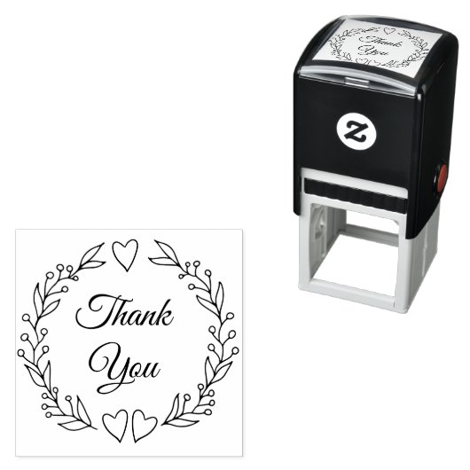 Tampon Auto-encreur Merci Script Doodle Mariage botanique Wreath (En situation)