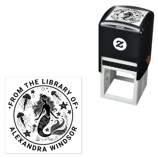 Tampon Auto-encreur Mermaid Starfish Jellyfish Bibliothèque Nom du liv (En situation)