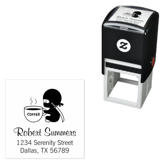 Tampon Auto-encreur Minuscule Ninja avec grande adresse de boîte à caf (En situation)
