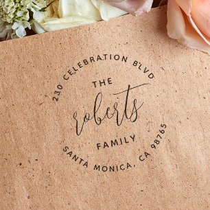 Tampon Auto-encreur Modern Script Circulaire Nom de famille Adresse de