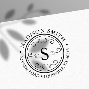 Tampon Auto-encreur Monogramme Adresse Rond Cercle Flourish Décoratif