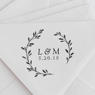 Tampon Auto-encreur Monogramme de mariage à couronne de feuillage