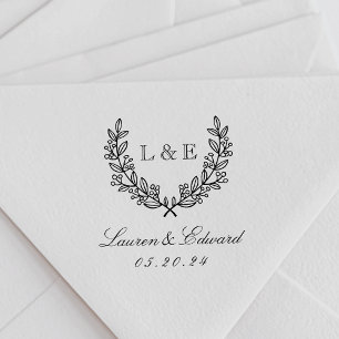 Tampon Auto-encreur Monogramme de mariage avec couronne de laurier cla