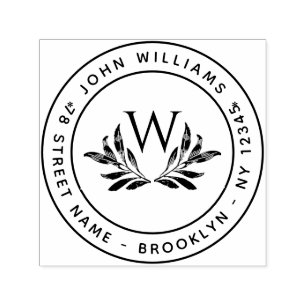 Tampon Auto-encreur Monogramme et Feuille Ronde Adresse initiale