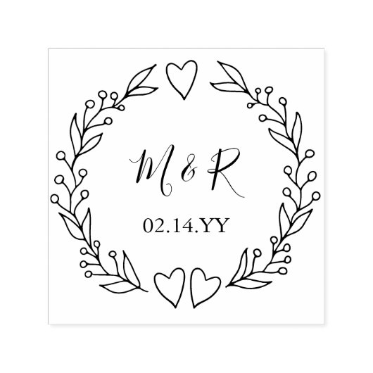 Tampon Auto-encreur Monogramme Mariage Date Doodle Botanique Wreath (Design)
