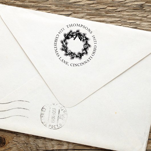 Tampon Auto-encreur Noël Vacances verdure Wreath Retour Adresse