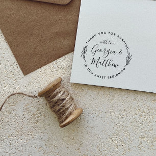 Tampon Auto-encreur Noms de script Feuille rustique Merci Mariage rond