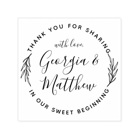 Tampon Auto-encreur Noms de script Feuille rustique Merci Mariage rond (Design)