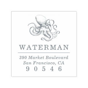 Tampon Auto-encreur Octopus vintage   Adresse de retour nautique