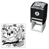 Tampon Auto-encreur Oiseaux mignons et heureux parmi les fleurs du pri (En situation)