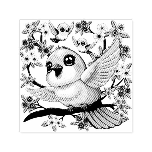 Tampon Auto-encreur Oiseaux mignons et heureux parmi les fleurs du pri (Design)
