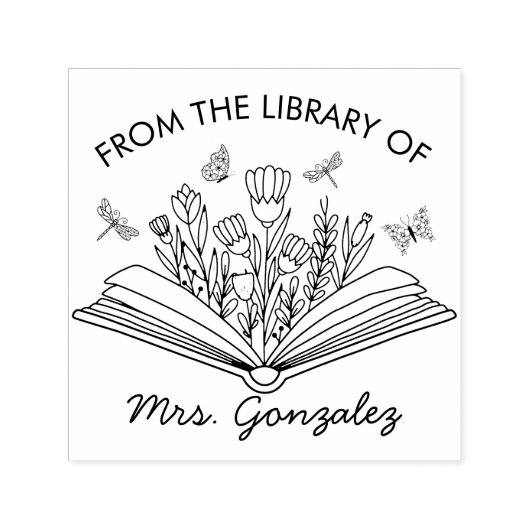 Tampon Auto-encreur Open Book Flowers Dragonflies Teacher Library (Design)