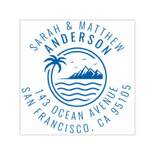 Tampon Auto-encreur Palm Tree, Mountain & Ocean Married Couple Adresse