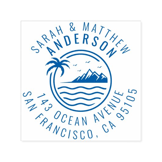 Tampon Auto-encreur Palm Tree, Mountain & Ocean Married Couple Adresse (Design)