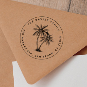 Tampon Auto-encreur Palm Trees & Nom de famille Round Return Adresse