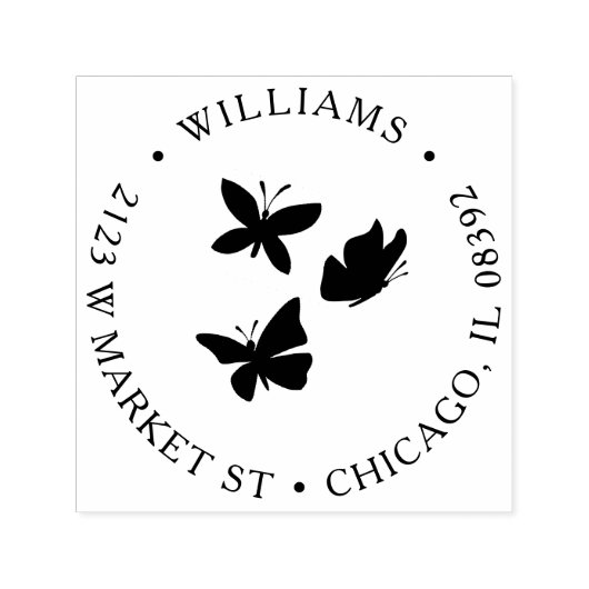 Tampon Auto-encreur Papillons personnalisés Nom rond et adresse de ret (Design)