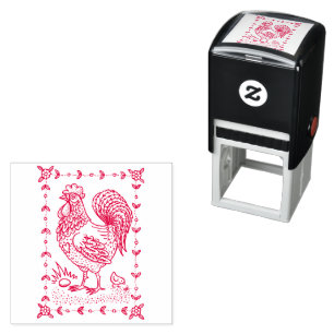 Tampon Auto-encreur PAYS ROOSTER, OEUFS & POULET ART FOLK BORDER nice
