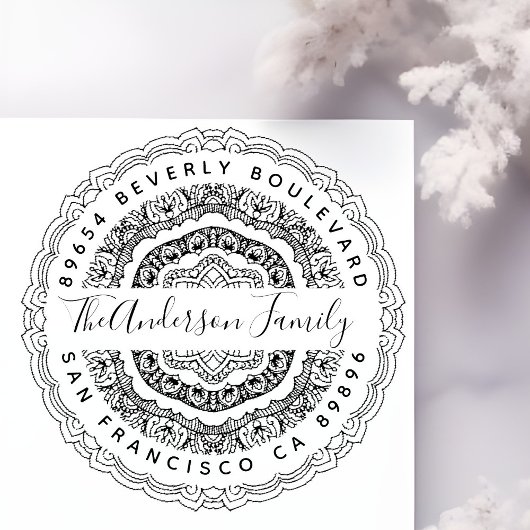 Tampon Auto-encreur Peace Mandala Nom de famille Script Adresse de ret