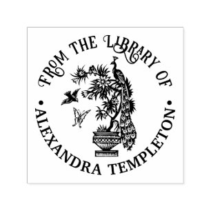 Tampon Auto-encreur Peacock on Plante Butterfly Bird Library Nom du li