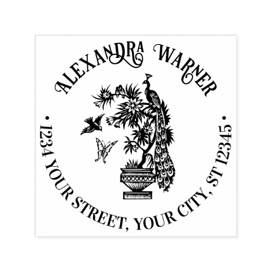 Tampon Auto-encreur Peacock on Plante Butterfly Bird Nom Adresse (Design)