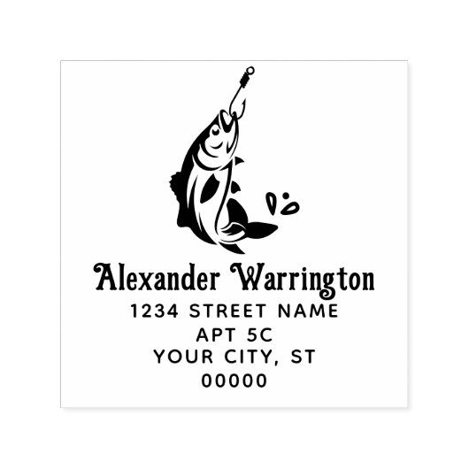 Tampon Auto-encreur Pêche : Poisson sur un Hochet Nom Adresse de retou (Design)