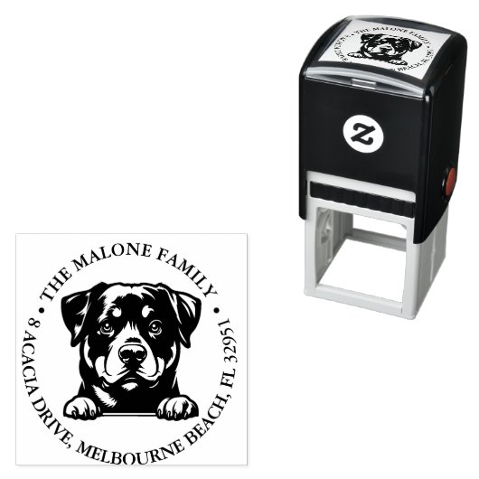 Tampon Auto-encreur Peeking Rockweiler Puppy Thème personnalisé (En situation)