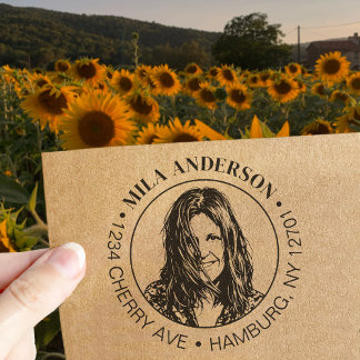 Tampon Auto-encreur Photo personnalisé, nom et adresse bois de retour