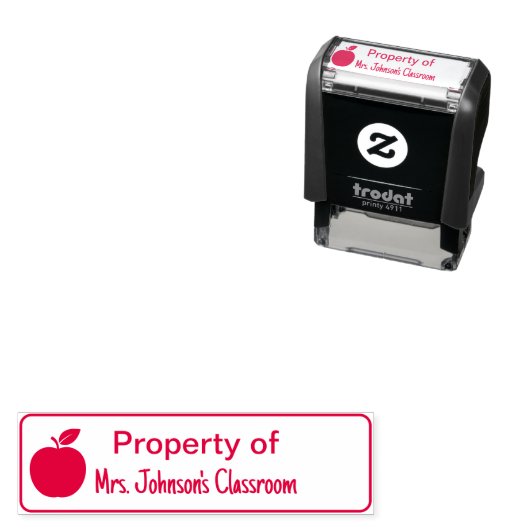 Tampon Auto-encreur Property of Teacher's Name Classroom with Apple (En situation)