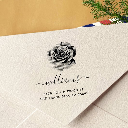 Tampon Auto-encreur Rose Calligraphie Adresse de retour 04