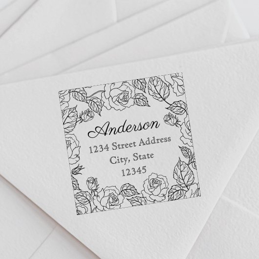 Tampon Auto-encreur Rose classique Nom de famille Adresse de retour